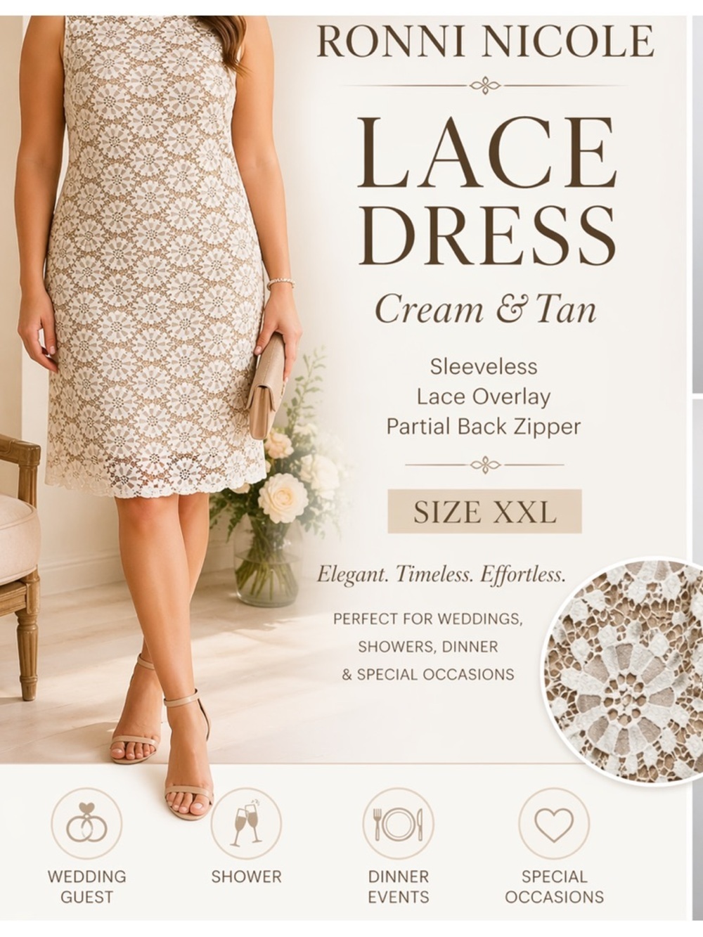 Ronni Nicole Lace Overlay Dress Cream Tan Sleeveless Sheath Timeless Formal - Picture 3 of 10